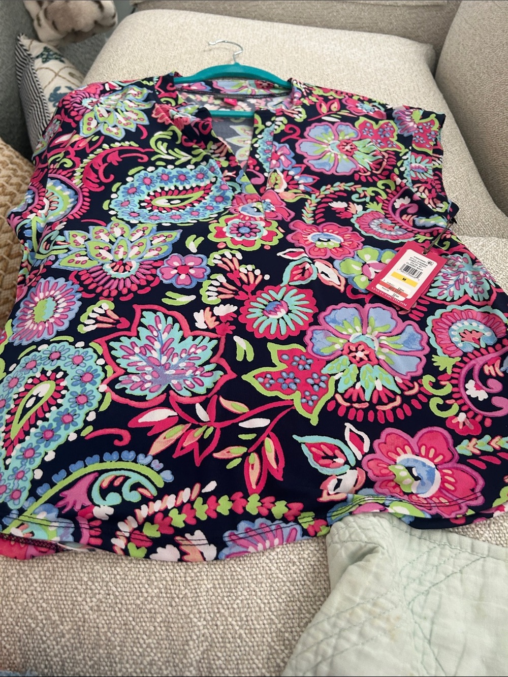 Vince Camuto Navy Floral Top with Pink and Mint Accents